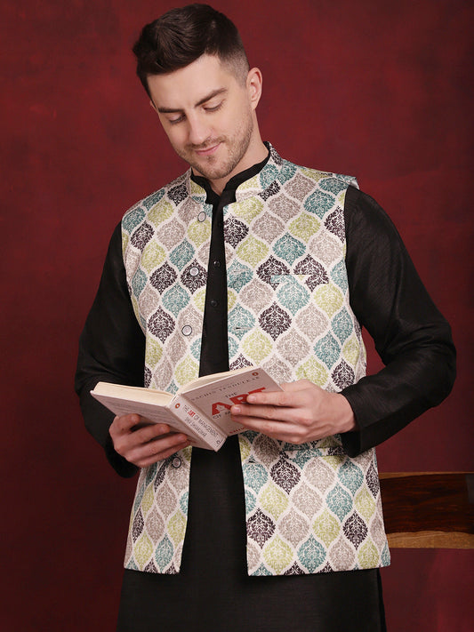 Jompers Men's Green Floral Printed Nehru Jacket With Kurta Pyjama Set