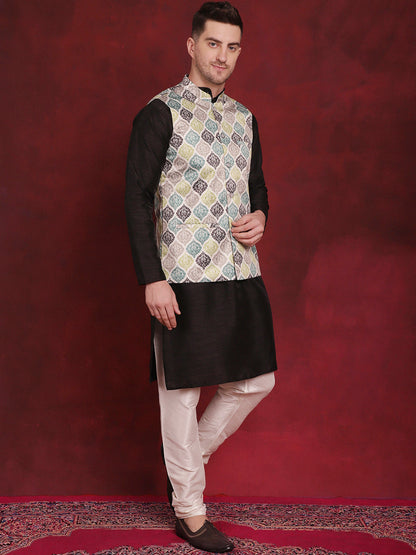 Jompers Men's Green Floral Printed Nehru Jacket With Kurta Pyjama Set
