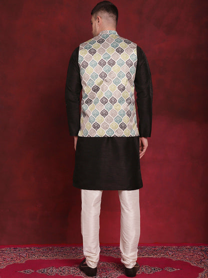 Jompers Men's Green Floral Printed Nehru Jacket With Kurta Pyjama Set