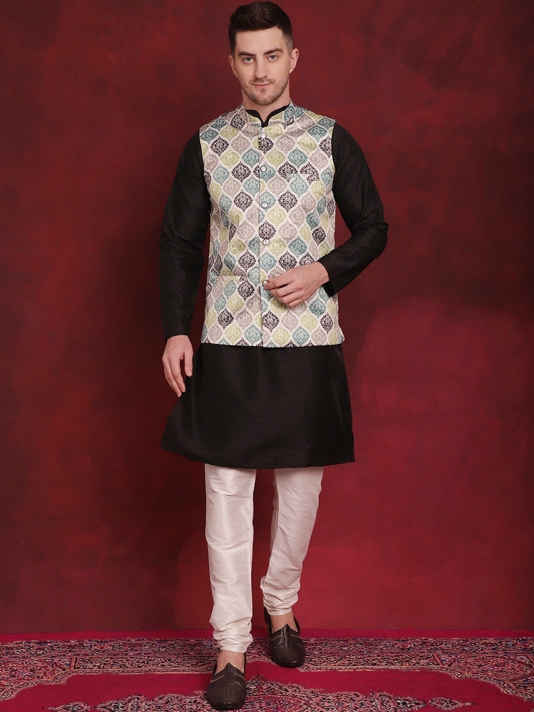 Jompers Men's Green Floral Printed Nehru Jacket With Kurta Pyjama Set
