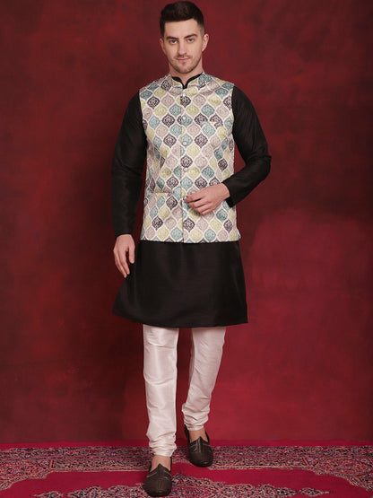 Jompers Men's Green Floral Printed Nehru Jacket With Kurta Pyjama Set