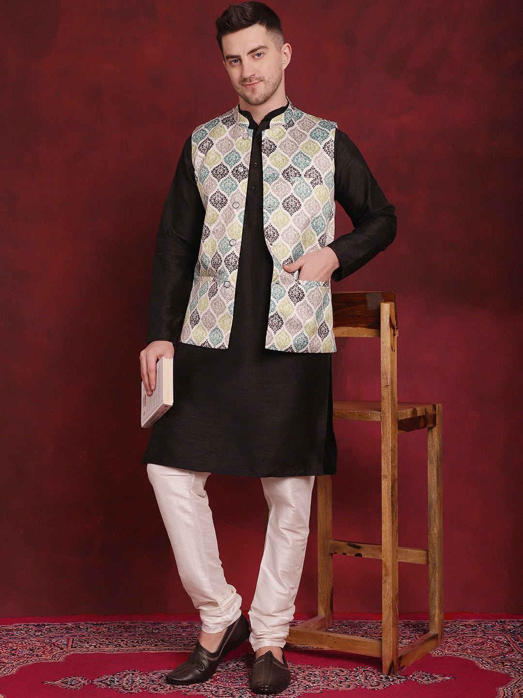 Jompers Men's Green Floral Printed Nehru Jacket With Kurta Pyjama Set