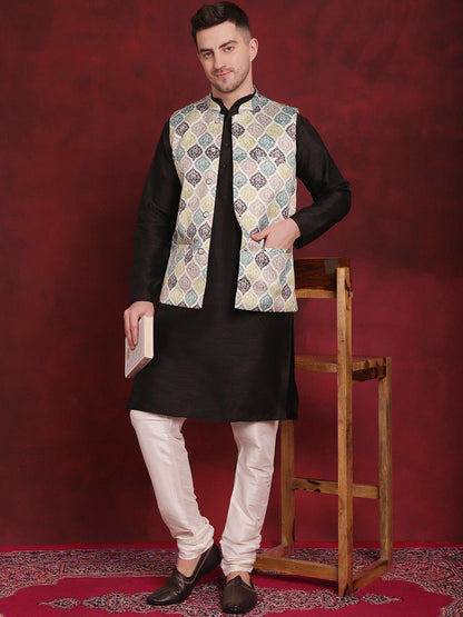 Jompers Men's Green Floral Printed Nehru Jacket With Kurta Pyjama Set