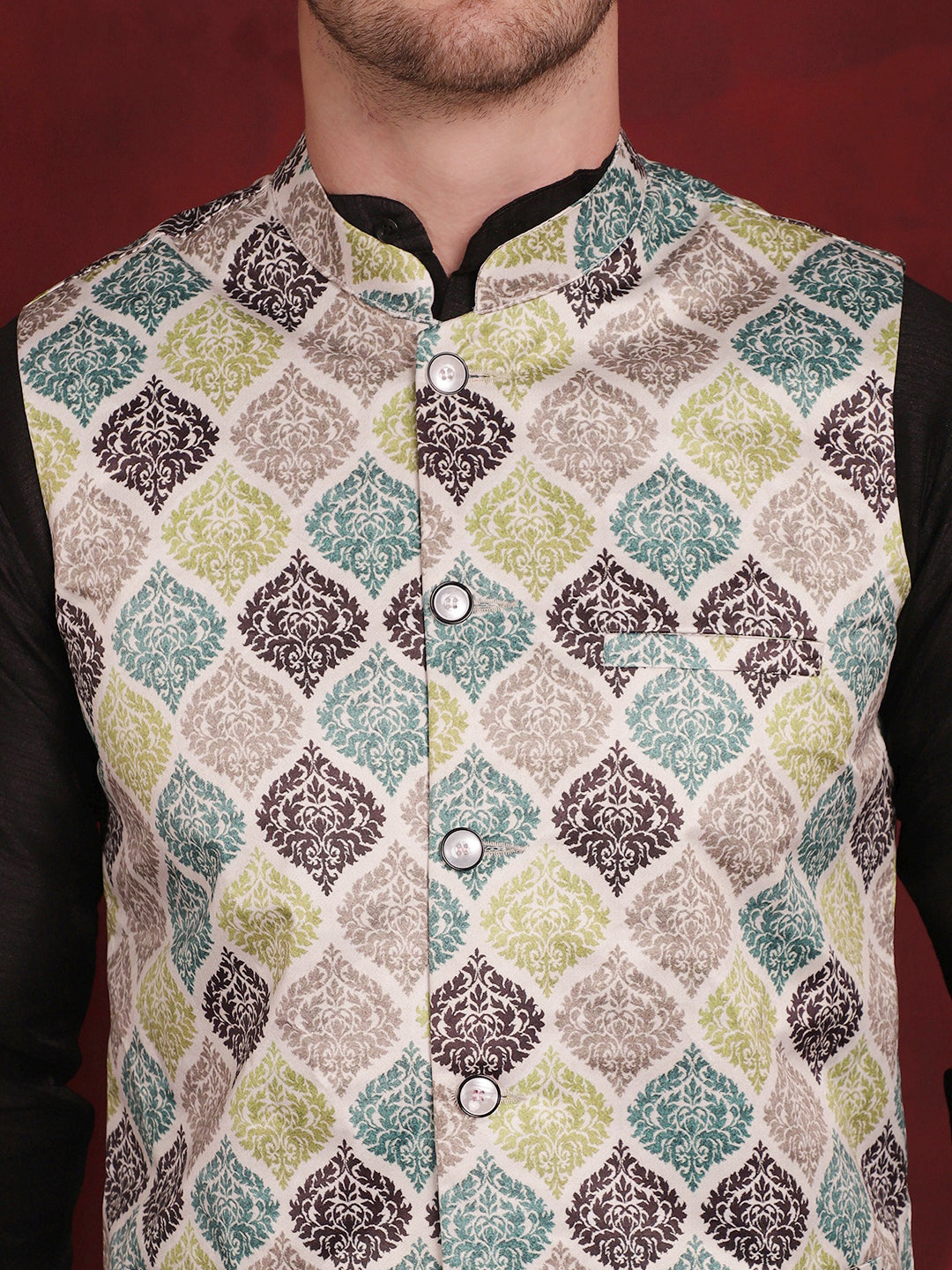 Jompers Men's Green Floral Printed Nehru Jacket With Kurta Pyjama Set