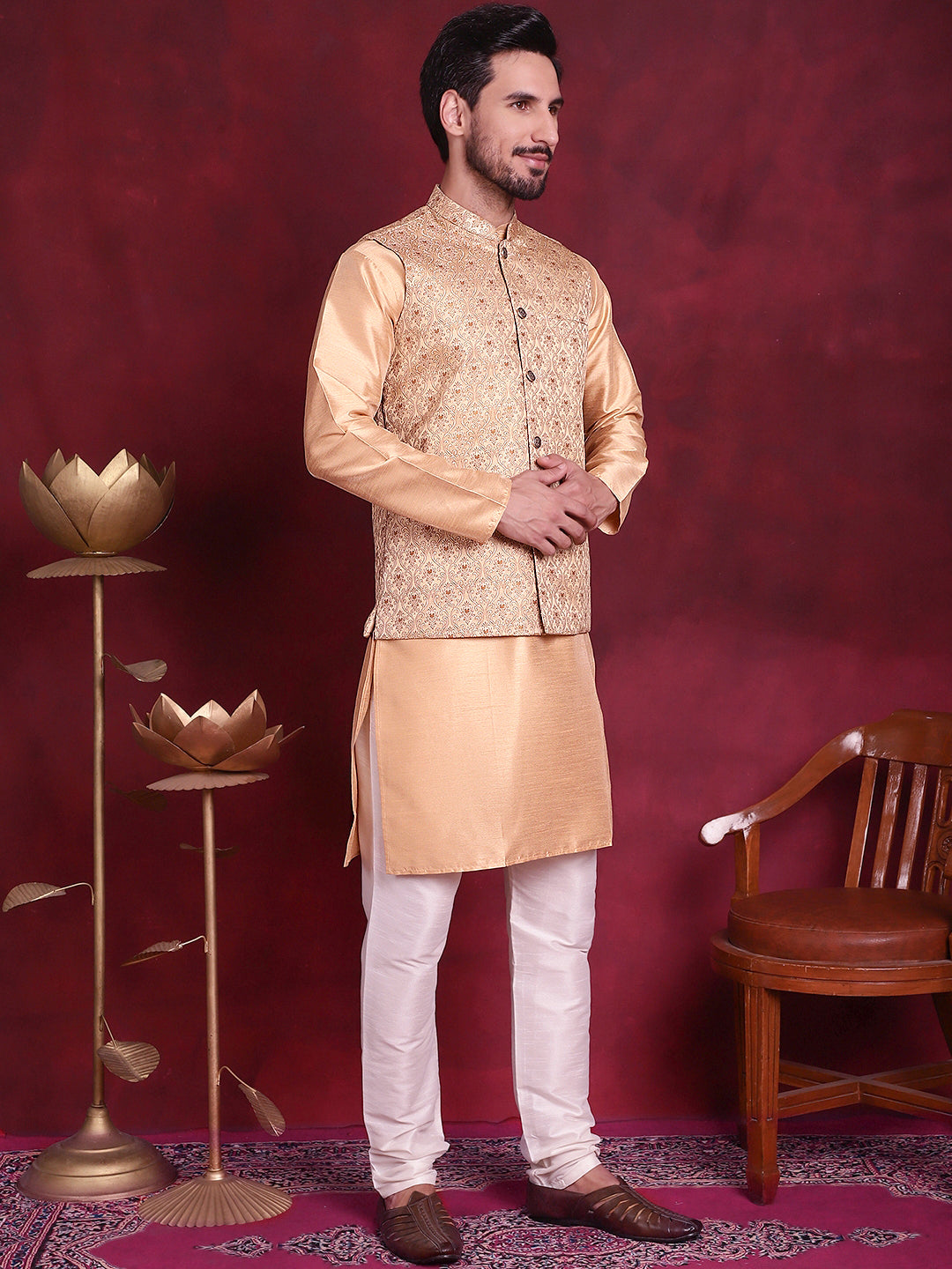 Jompers Men's Woven Design Nehru Jacket With Kurta Pyjama Set - Cream