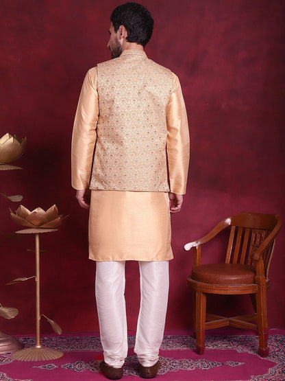 Jompers Men's Woven Design Nehru Jacket With Kurta Pyjama Set - Cream