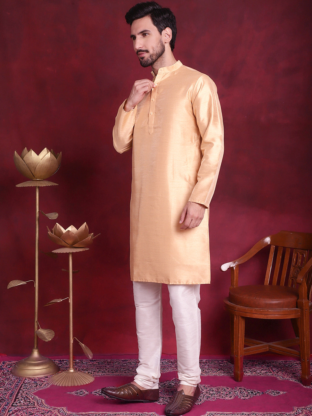 Jompers Men's Woven Design Nehru Jacket With Kurta Pyjama Set - Cream