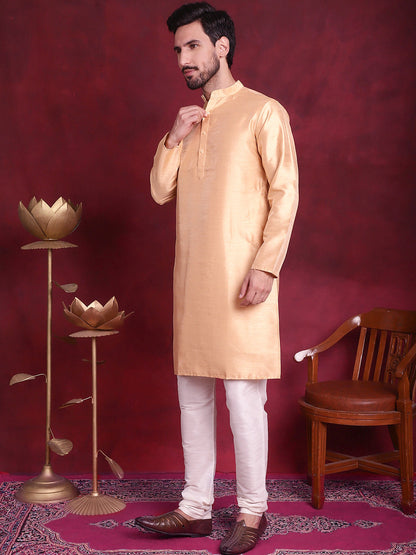 Jompers Men's Woven Design Nehru Jacket With Kurta Pyjama Set - Cream