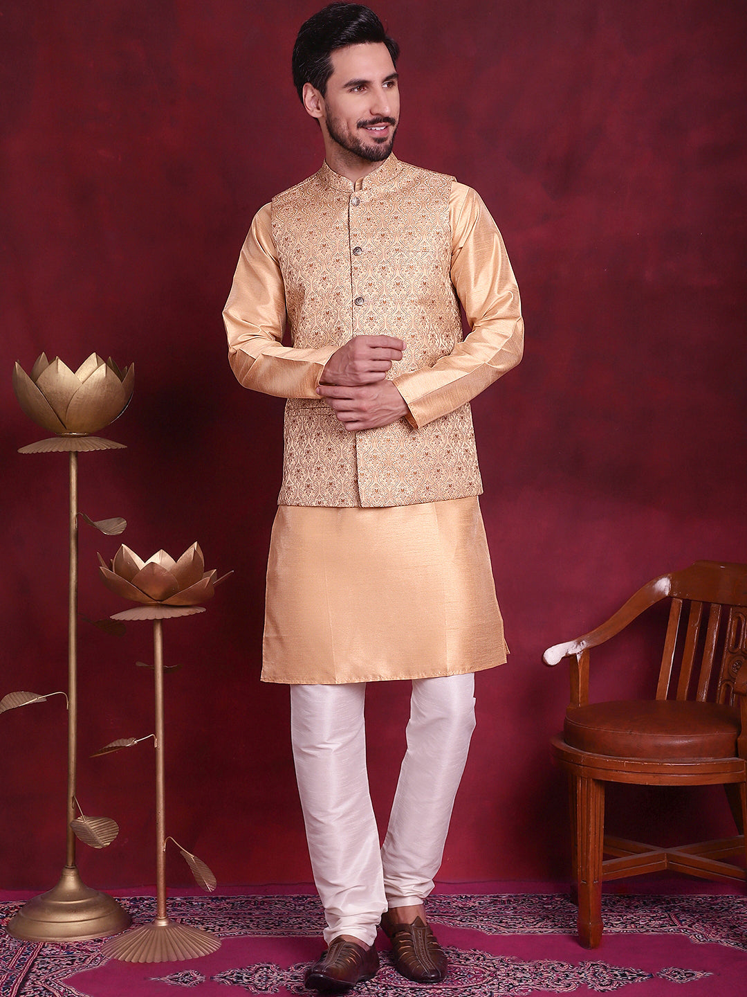 Jompers Men's Woven Design Nehru Jacket With Kurta Pyjama Set - Cream