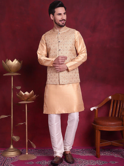 Jompers Men's Woven Design Nehru Jacket With Kurta Pyjama Set - Cream