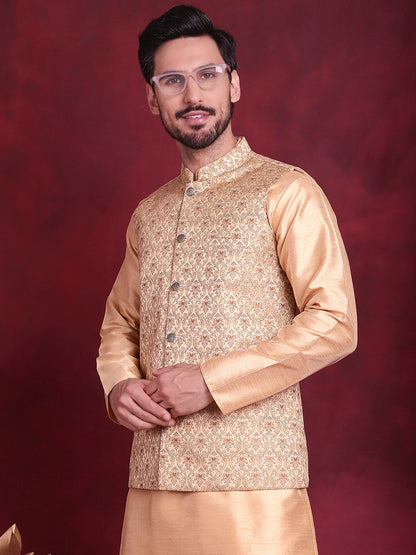 Jompers Men's Woven Design Nehru Jacket With Kurta Pyjama Set - Cream