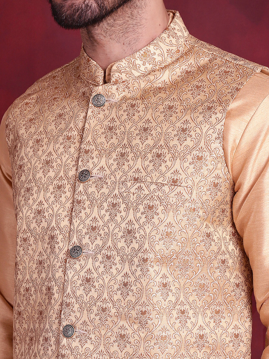 Jompers Men's Woven Design Nehru Jacket With Kurta Pyjama Set - Cream