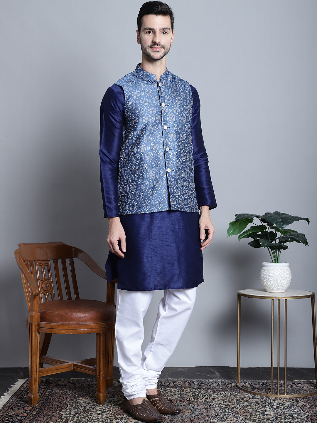 Jompers Men's Printed Nehru Jacket With Kurta Pyjama Set - Blue