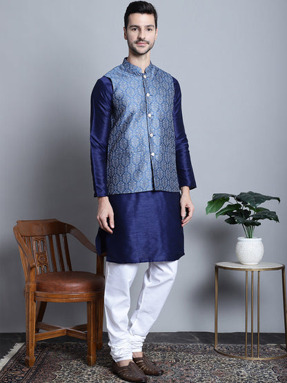 Jompers Men's Printed Nehru Jacket With Kurta Pyjama Set - Blue