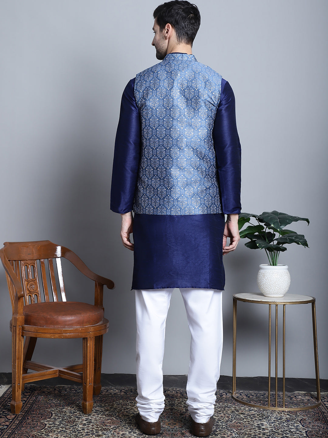 Jompers Men's Printed Nehru Jacket With Kurta Pyjama Set - Blue