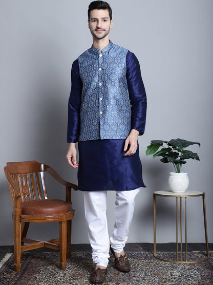 Jompers Men's Printed Nehru Jacket With Kurta Pyjama Set - Blue