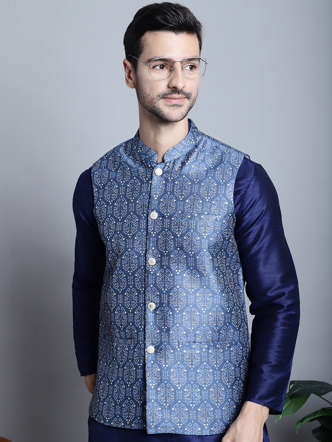 Jompers Men's Printed Nehru Jacket With Kurta Pyjama Set - Blue