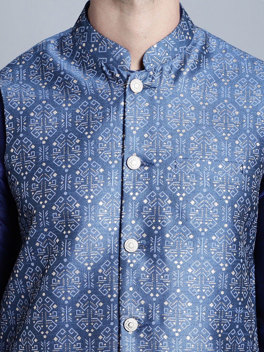 Jompers Men's Printed Nehru Jacket With Kurta Pyjama Set - Blue