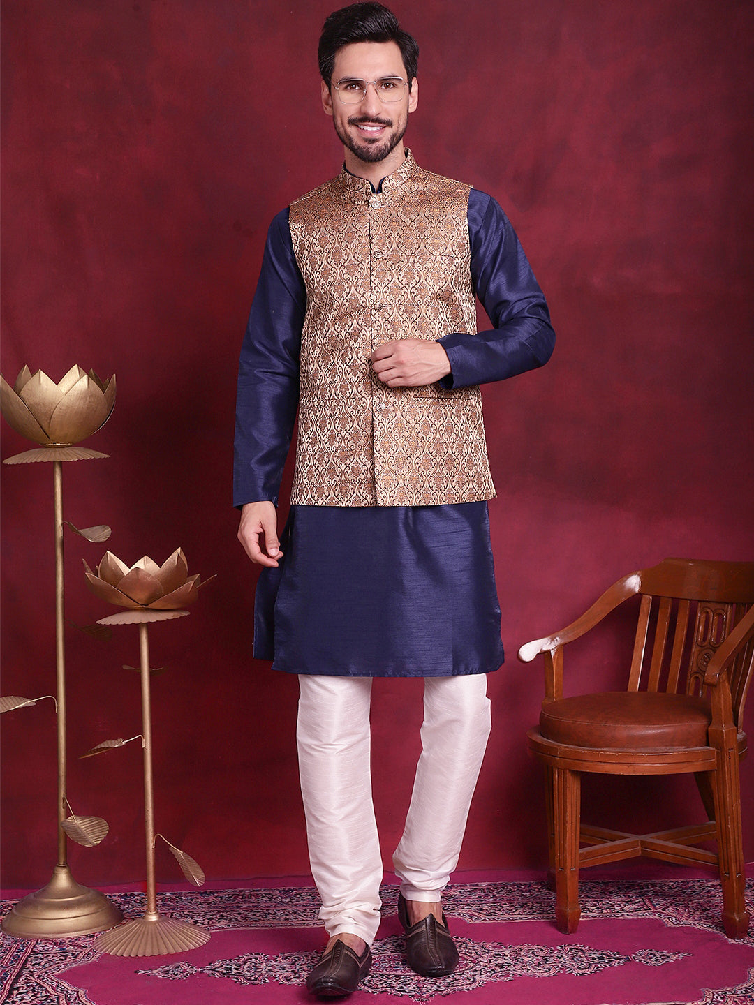 Jompers Men's Woven Design Nehru Jacket With Kurta Pyjama Set - Brown