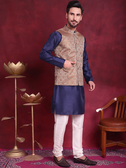 Jompers Men's Woven Design Nehru Jacket With Kurta Pyjama Set - Brown