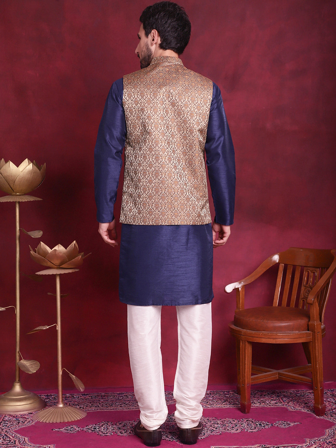 Jompers Men's Woven Design Nehru Jacket With Kurta Pyjama Set - Brown