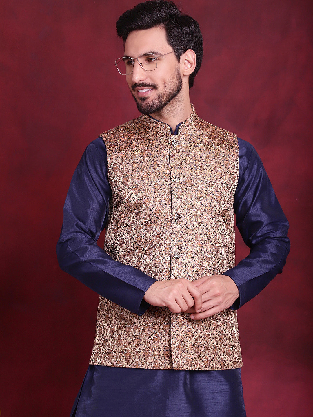 Jompers Men's Woven Design Nehru Jacket With Kurta Pyjama Set - Brown