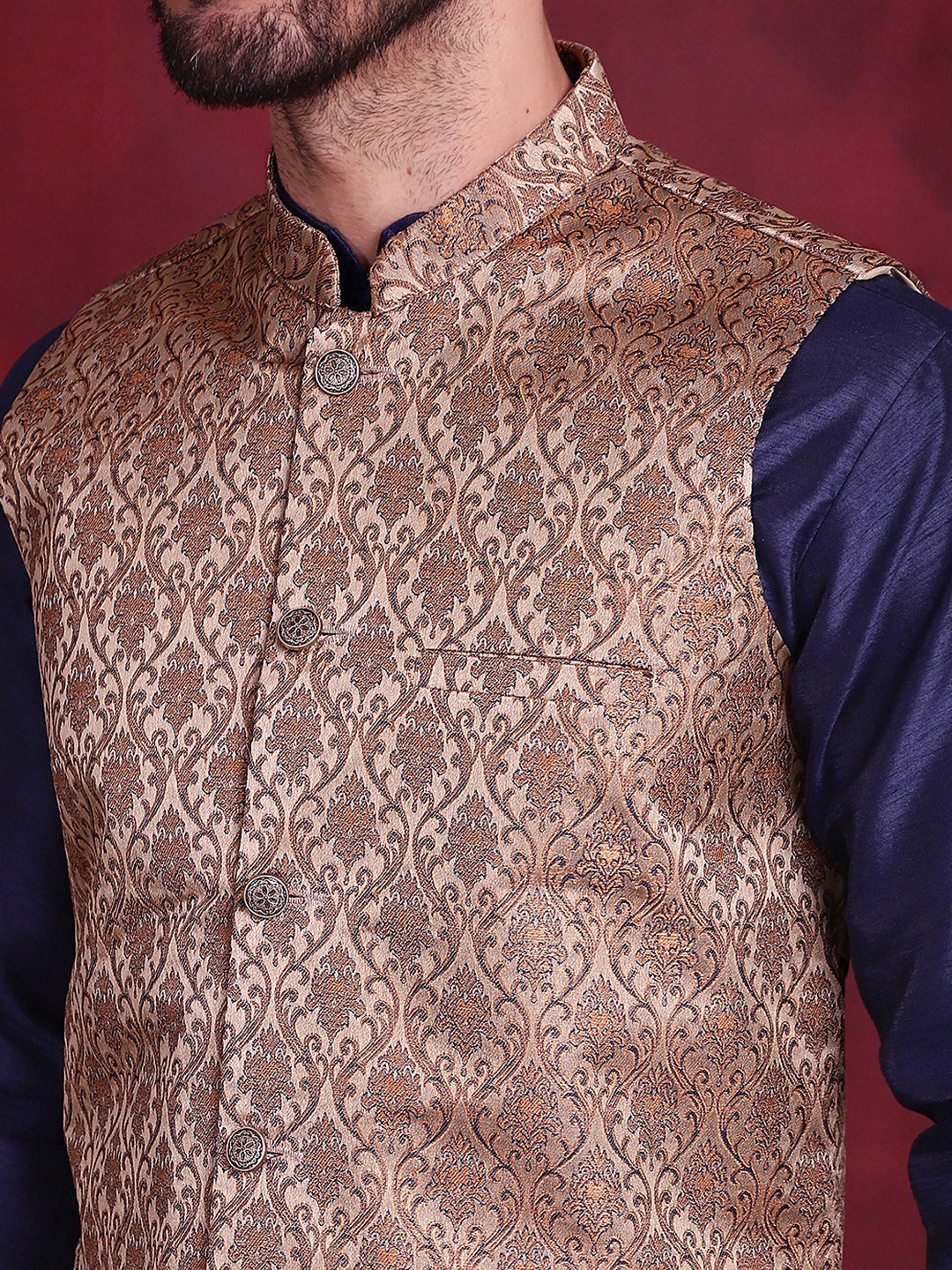 Jompers Men's Woven Design Nehru Jacket With Kurta Pyjama Set - Brown