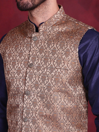 Jompers Men's Woven Design Nehru Jacket With Kurta Pyjama Set - Brown
