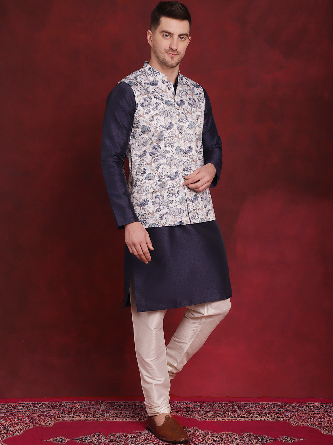 Jompers Men's White Floral Printed Nehru Jacket With Kurta Pyjama Set
