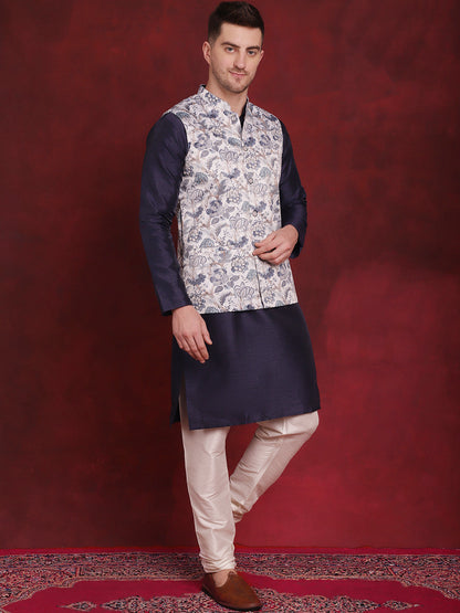Jompers Men's White Floral Printed Nehru Jacket With Kurta Pyjama Set