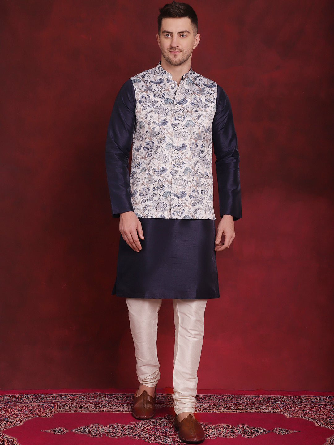 Jompers Men's White Floral Printed Nehru Jacket With Kurta Pyjama Set