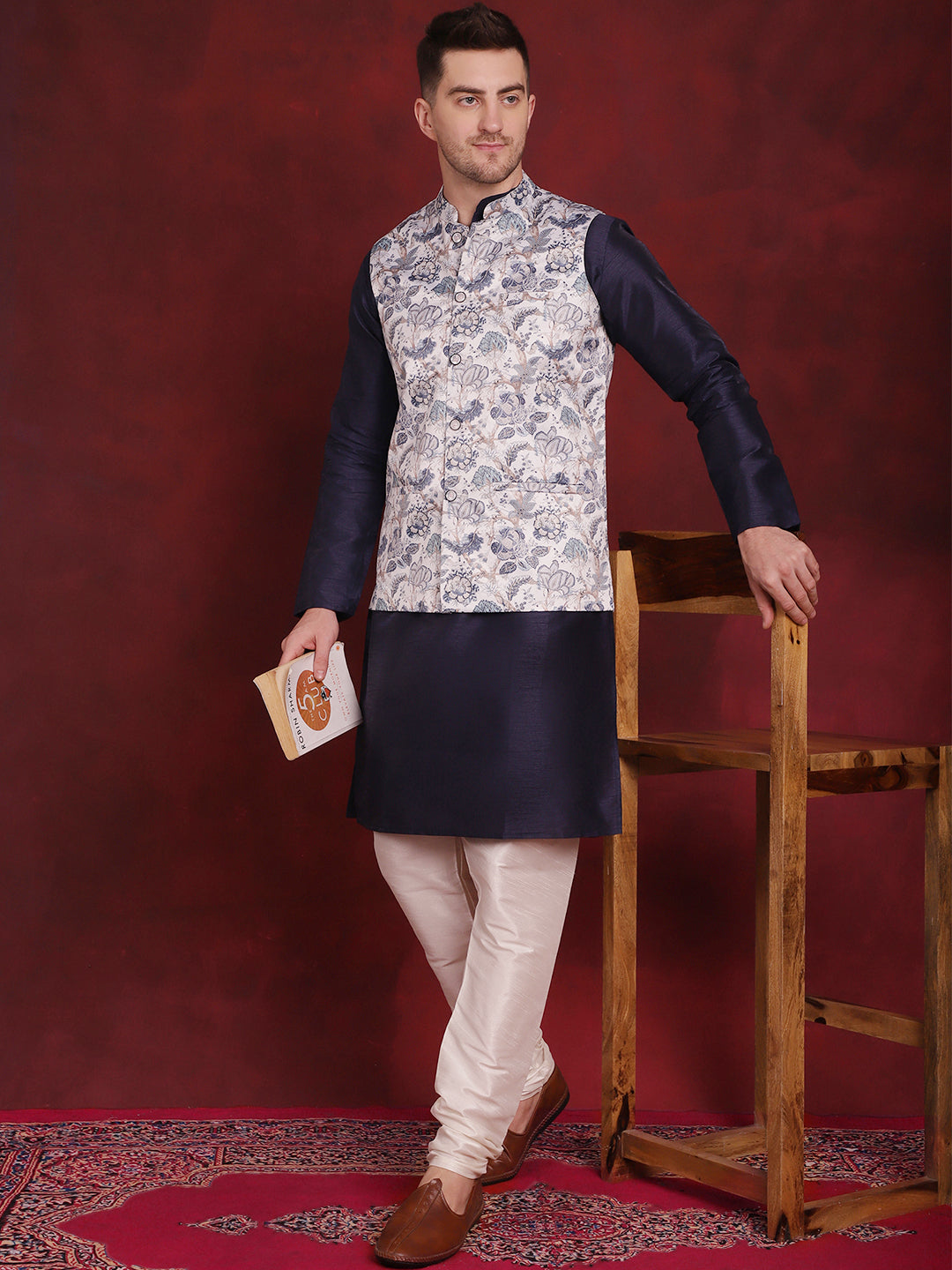 Jompers Men's White Floral Printed Nehru Jacket With Kurta Pyjama Set