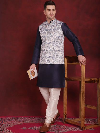 Jompers Men's White Floral Printed Nehru Jacket With Kurta Pyjama Set