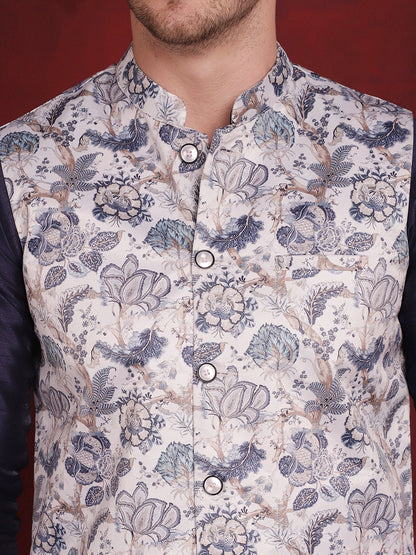 Jompers Men's White Floral Printed Nehru Jacket With Kurta Pyjama Set