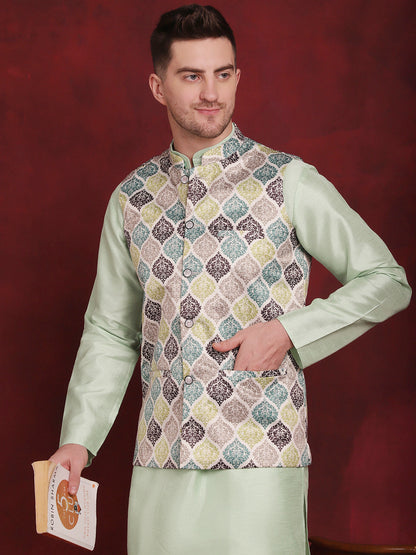 Jompers Men's Green Floral Printed Nehru Jacket With Kurta Pyjama Set