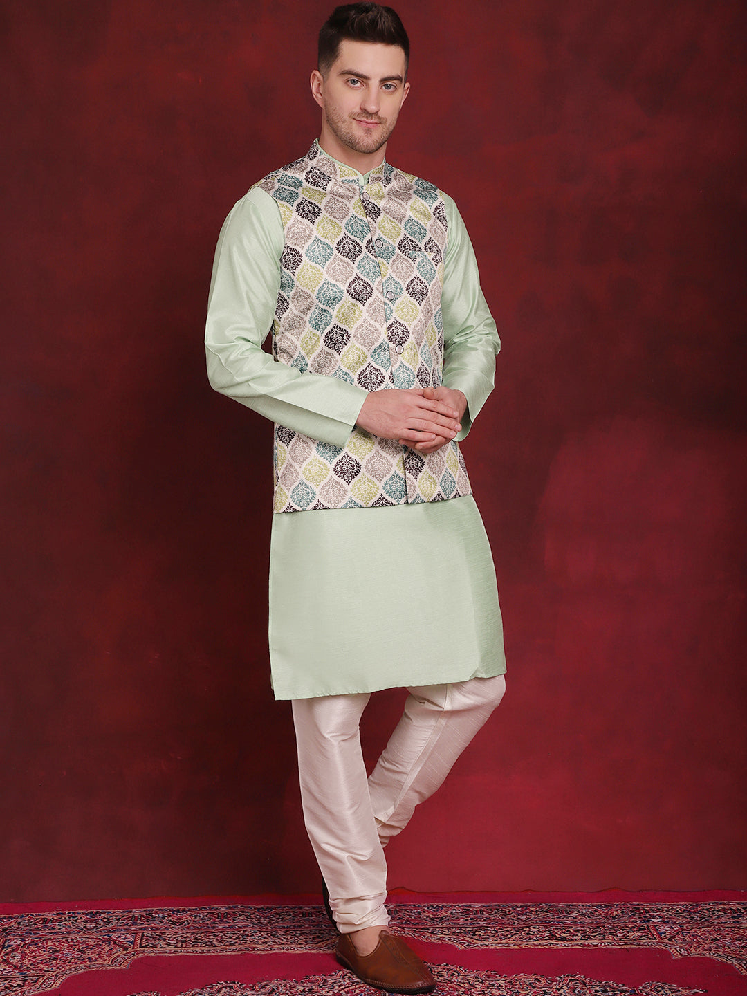 Jompers Men's Green Floral Printed Nehru Jacket With Kurta Pyjama Set