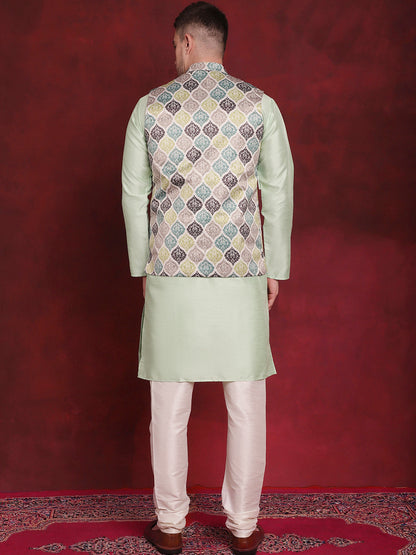 Jompers Men's Green Floral Printed Nehru Jacket With Kurta Pyjama Set