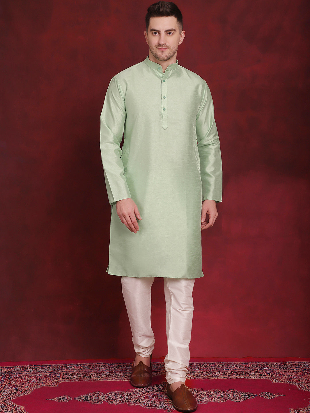 Jompers Men's Green Floral Printed Nehru Jacket With Kurta Pyjama Set