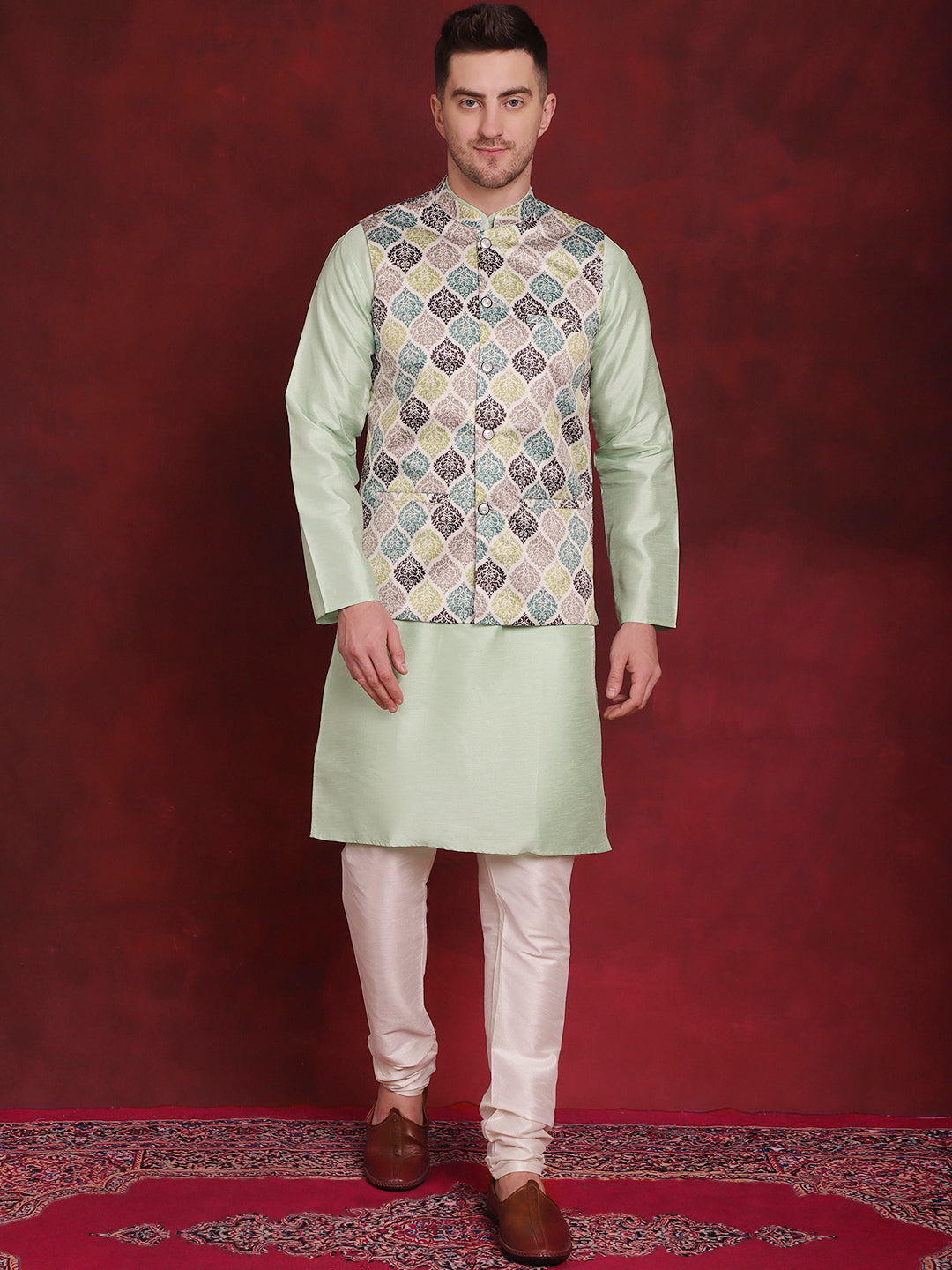 Jompers Men's Green Floral Printed Nehru Jacket With Kurta Pyjama Set