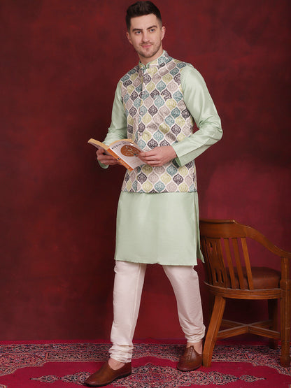 Jompers Men's Green Floral Printed Nehru Jacket With Kurta Pyjama Set