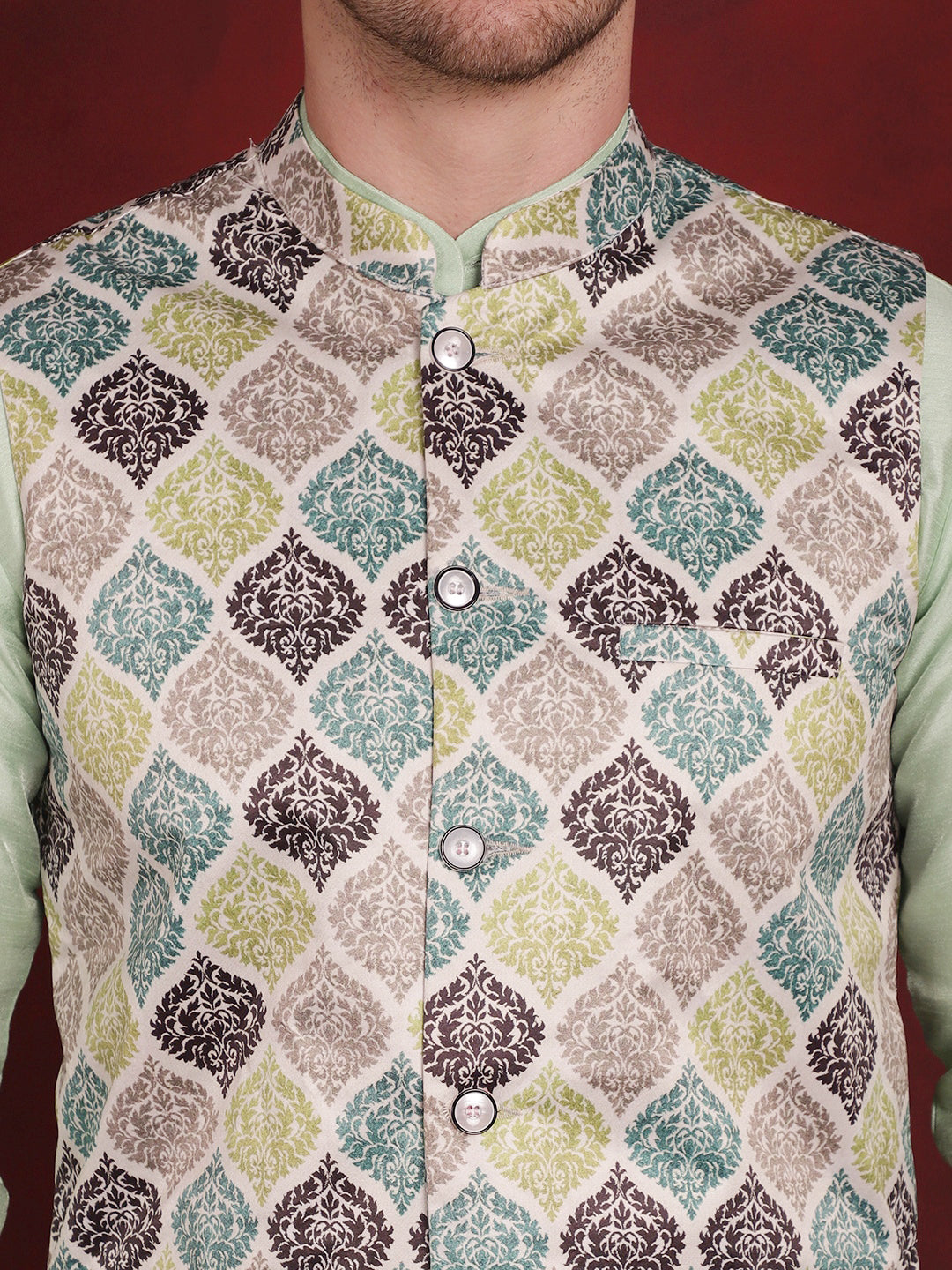 Jompers Men's Green Floral Printed Nehru Jacket With Kurta Pyjama Set
