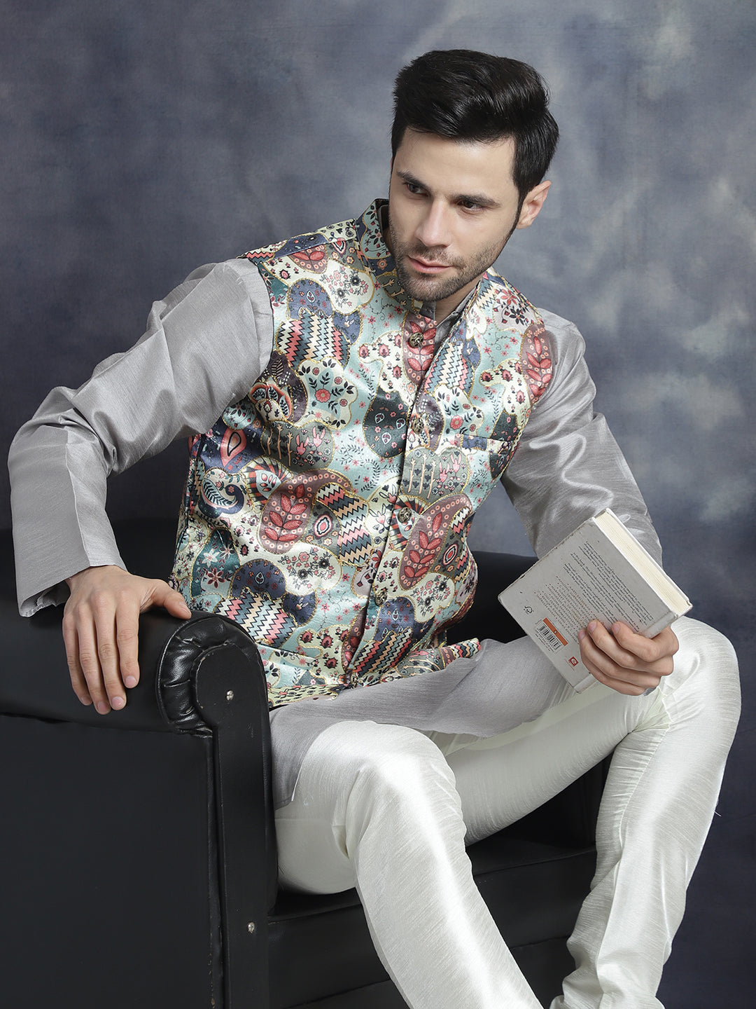 Jompers Men's Digital Print and Zari Work Nehru Jacket With Kurta Pyjama Set - Blue