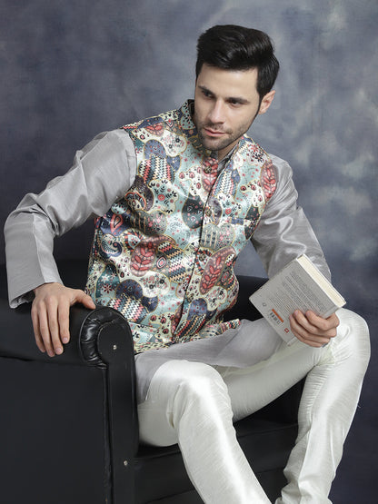 Jompers Men's Digital Print and Zari Work Nehru Jacket With Kurta Pyjama Set - Blue