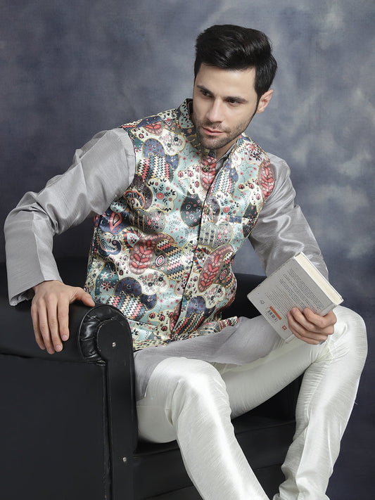 Jompers Men's Digital Print and Zari Work Nehru Jacket With Kurta Pyjama Set - Blue