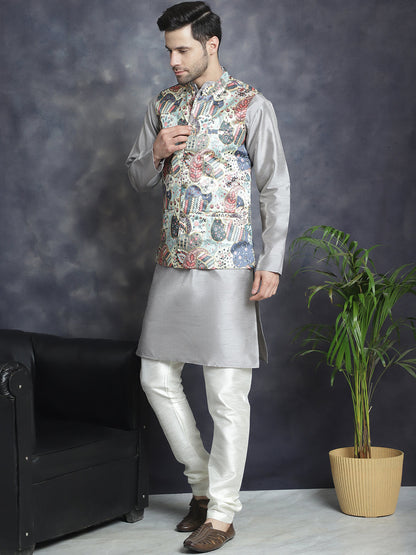 Jompers Men's Digital Print and Zari Work Nehru Jacket With Kurta Pyjama Set - Blue