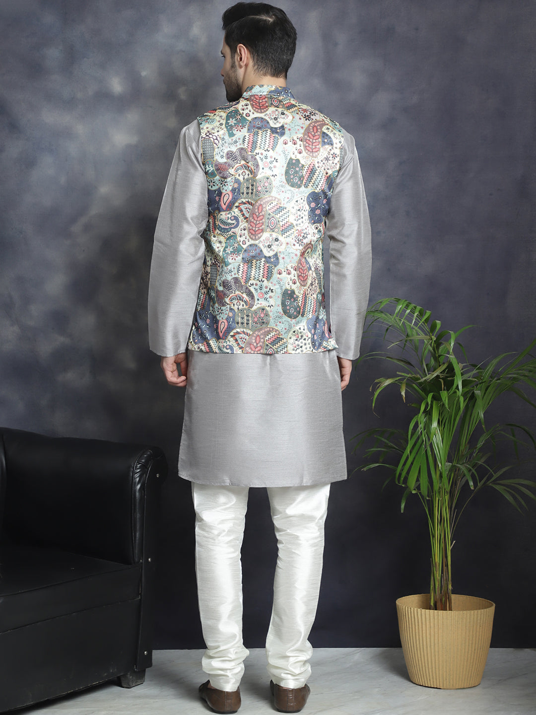Jompers Men's Digital Print and Zari Work Nehru Jacket With Kurta Pyjama Set - Blue