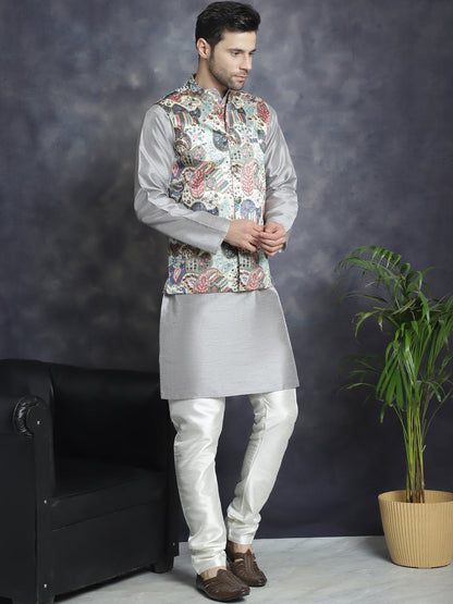 Jompers Men's Digital Print and Zari Work Nehru Jacket With Kurta Pyjama Set - Blue