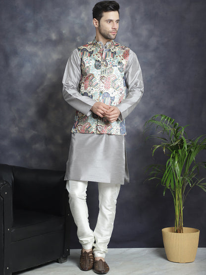 Jompers Men's Digital Print and Zari Work Nehru Jacket With Kurta Pyjama Set - Blue