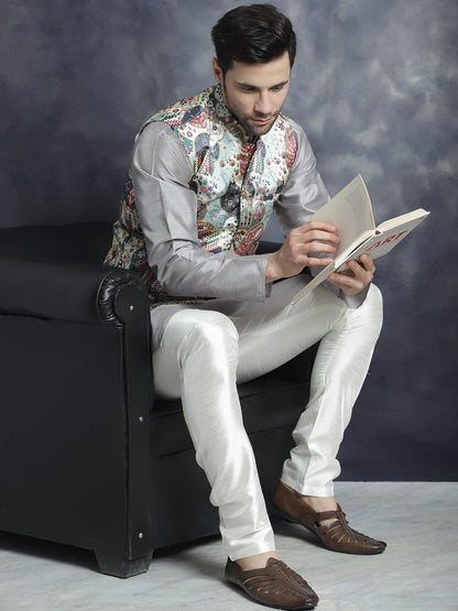 Jompers Men's Digital Print and Zari Work Nehru Jacket With Kurta Pyjama Set - Blue