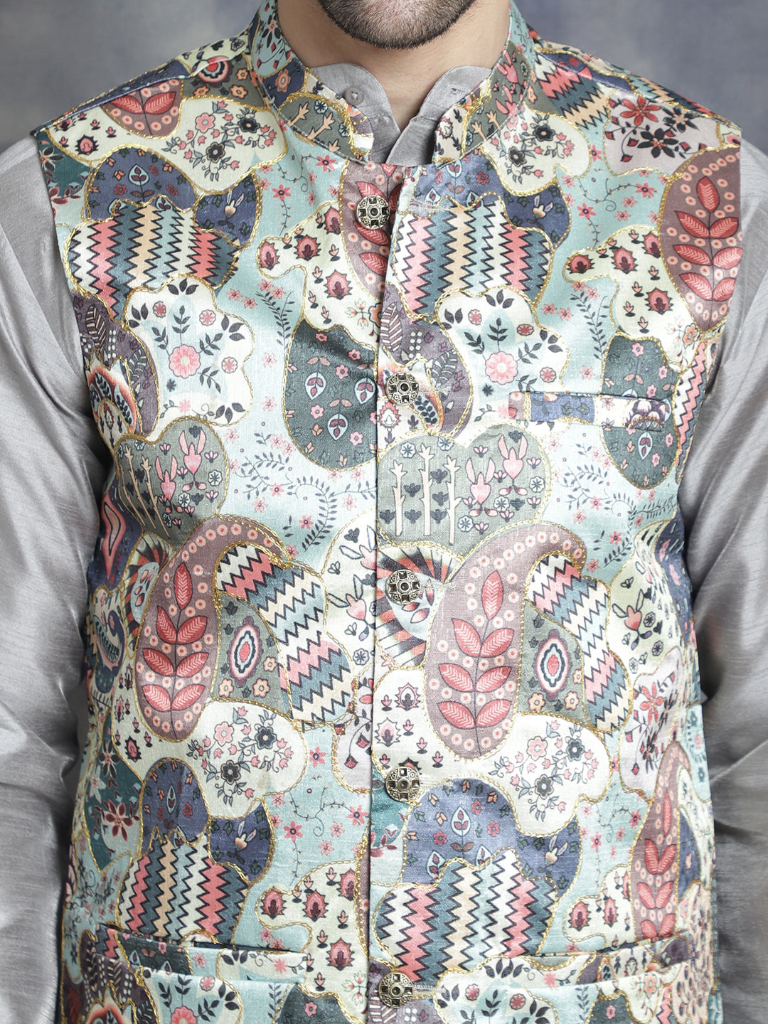 Jompers Men's Digital Print and Zari Work Nehru Jacket With Kurta Pyjama Set - Blue